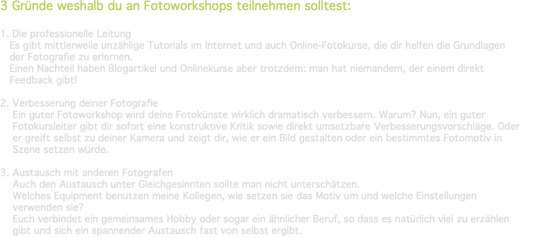 3 Gründe weshalb du an Fotoworkshops teilnehmen solltest: 1. Die professionelle Leitung Es gibt mittlerweile unzählige Tutorials im Internet und auch Online-Fotokurse, die dir helfen die Grundlagen der Fotografie zu erlernen. Einen Nachteil haben Blogartikel und Onlinekurse aber trotzdem: man hat niemandem, der einem direkt Feedback gibt! 2. Verbesserung deiner Fotografie Ein guter Fotoworkshop wird deine Fotokünste wirklich dramatisch verbessern. Warum? Nun, ein guter Fotokursleiter gibt dir sofort eine konstruktive Kritik sowie direkt umsetzbare Verbesserungsvorschläge. Oder er greift selbst zu deiner Kamera und zeigt dir, wie er ein Bild gestalten oder ein bestimmtes Fotomotiv in Szene setzen würde. 3. Austausch mit anderen Fotografen Auch den Austausch unter Gleichgesinnten sollte man nicht unterschätzen. Welches Equipment benutzen meine Kollegen, wie setzen sie das Motiv um und welche Einstellungen verwenden sie? Euch verbindet ein gemeinsames Hobby oder sogar ein ähnlicher Beruf, so dass es natürlich viel zu erzählen gibt und sich ein spannender Austausch fast von selbst ergibt.